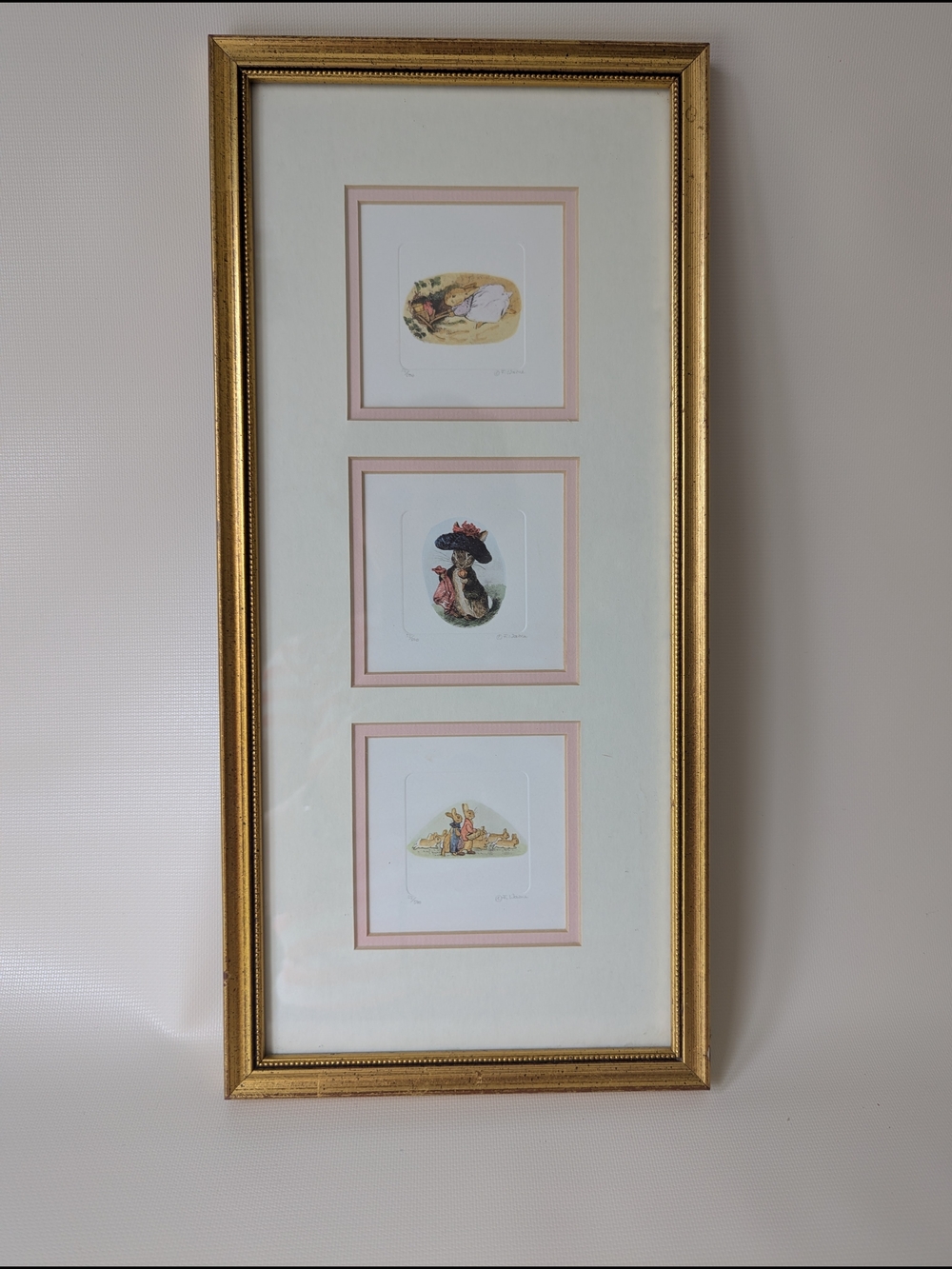 Gold Framed Triple Miniature Prints with Pink Matting